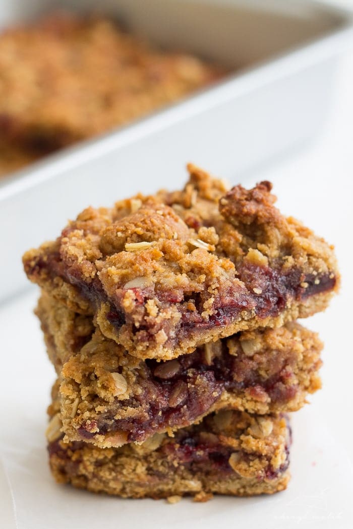 PB&J Bars. Vegan, gluten-free, and refined sugar free, this fun take on the classic sandwich  will become a back to school tradition!