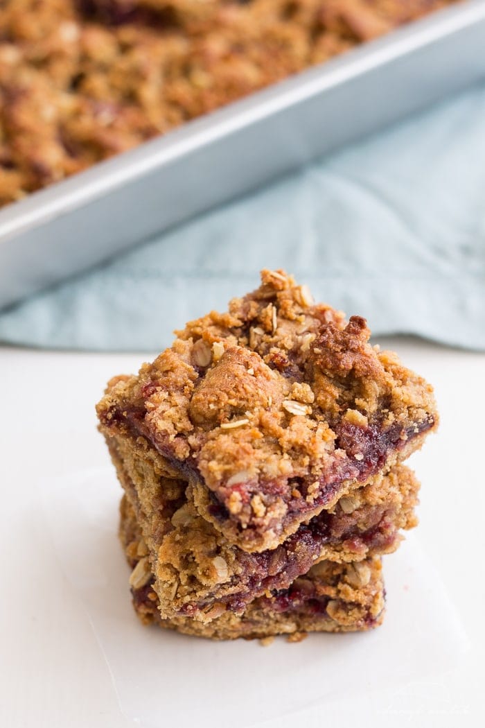 PB&J Bars. Vegan, gluten-free, and refined sugar free, this fun take on the classic sandwich  will become a back to school tradition!