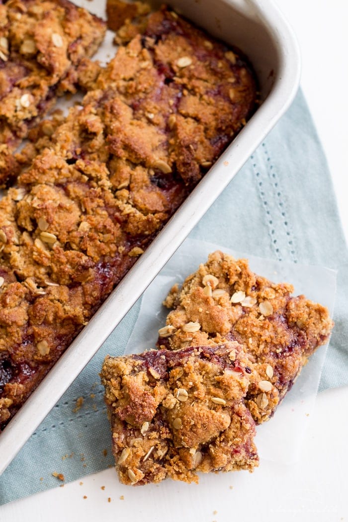 PB&J Bars. Vegan, gluten-free, and refined sugar free, this fun take on the classic sandwich  will become a back to school tradition!