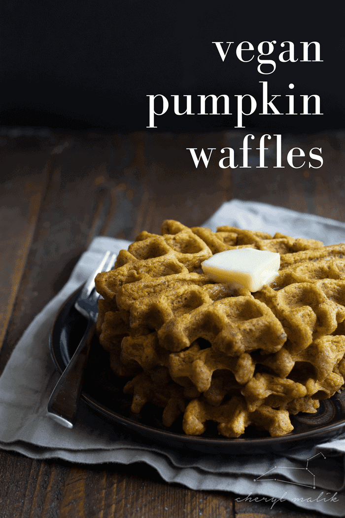 Tender, spiced vegan pumpkin waffles. Perfect for fall mornings