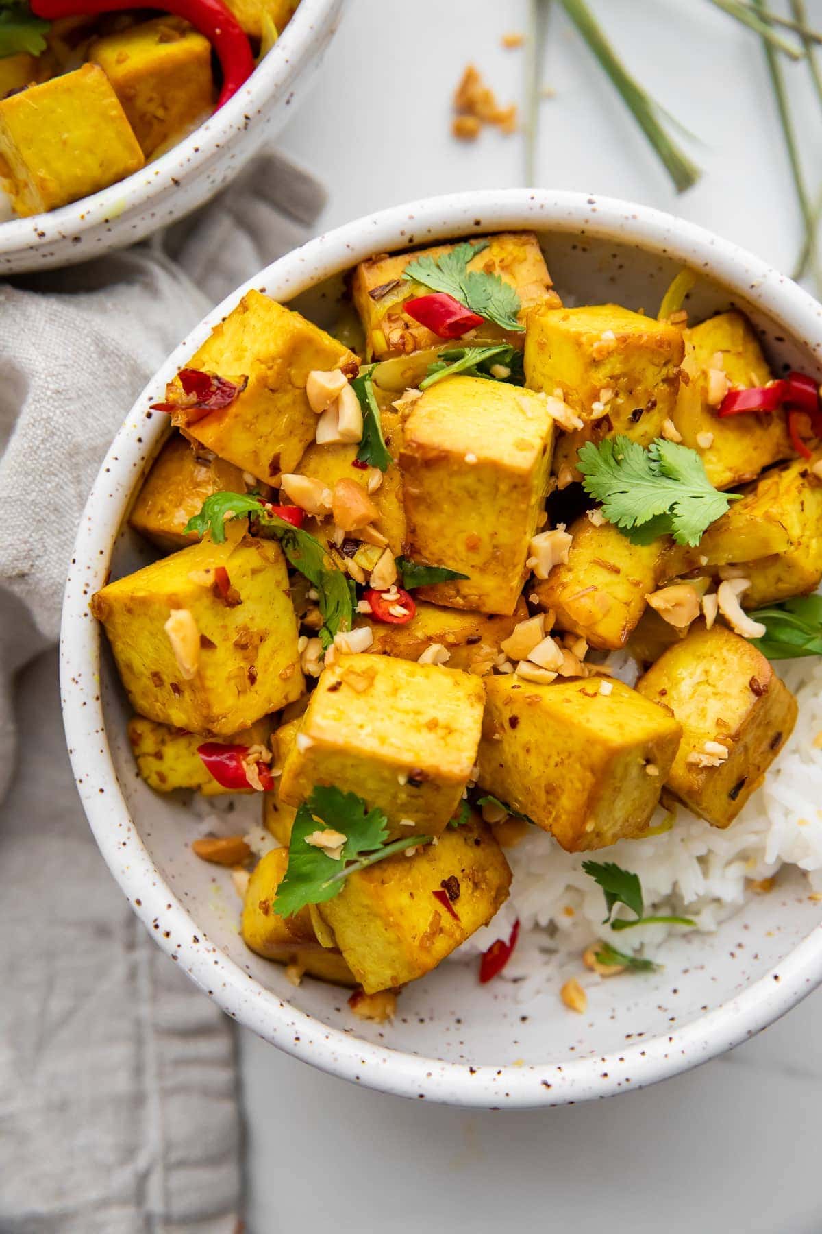Lemongrass tofu in a bowl with white rice
