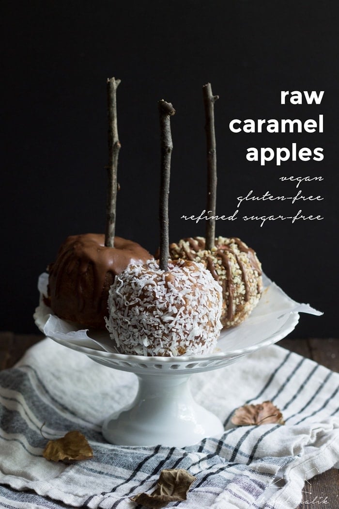 Raw caramel apples - a deliciously healthy makeover of a classic fall treat. Made from dates and nut butter, topped with raw ganache. Epic!