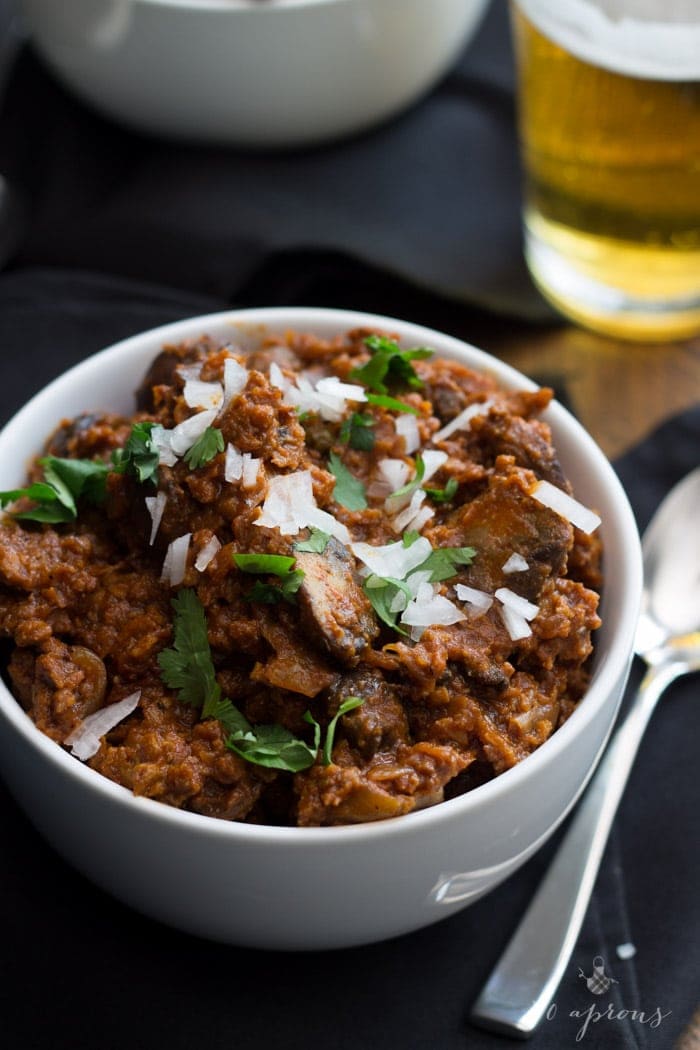 The best vegan chili I've ever had! Uses ground seitan and mushrooms, stout, and chipotle. Freaking delicious.