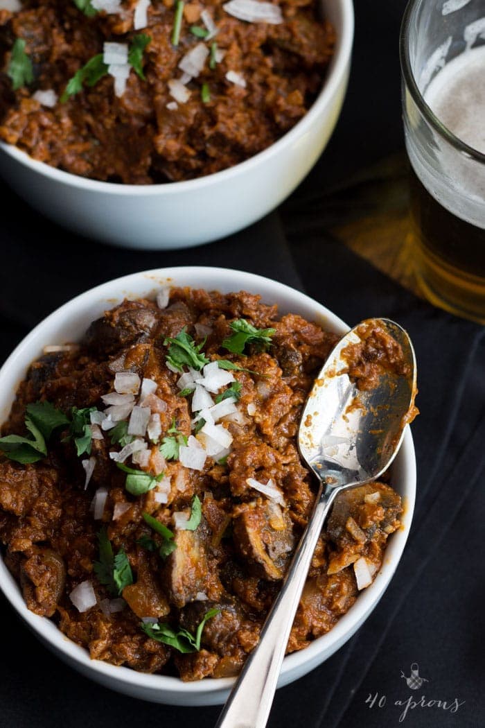 The best vegan chili I've ever had! Uses ground seitan and mushrooms, stout, and chipotle. Freaking delicious.