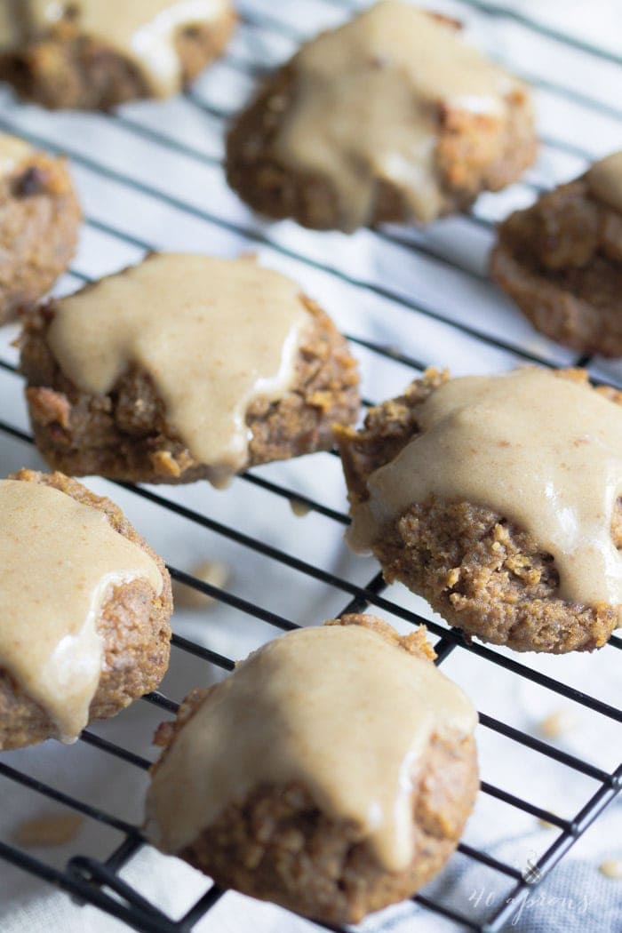 Pumpkin cookies with a maple glaze. These are so insanely healthy but so rich and indulgent! Vegan, gluten free, refined sugar free. They're basically rehab for your seasonal indulgences..