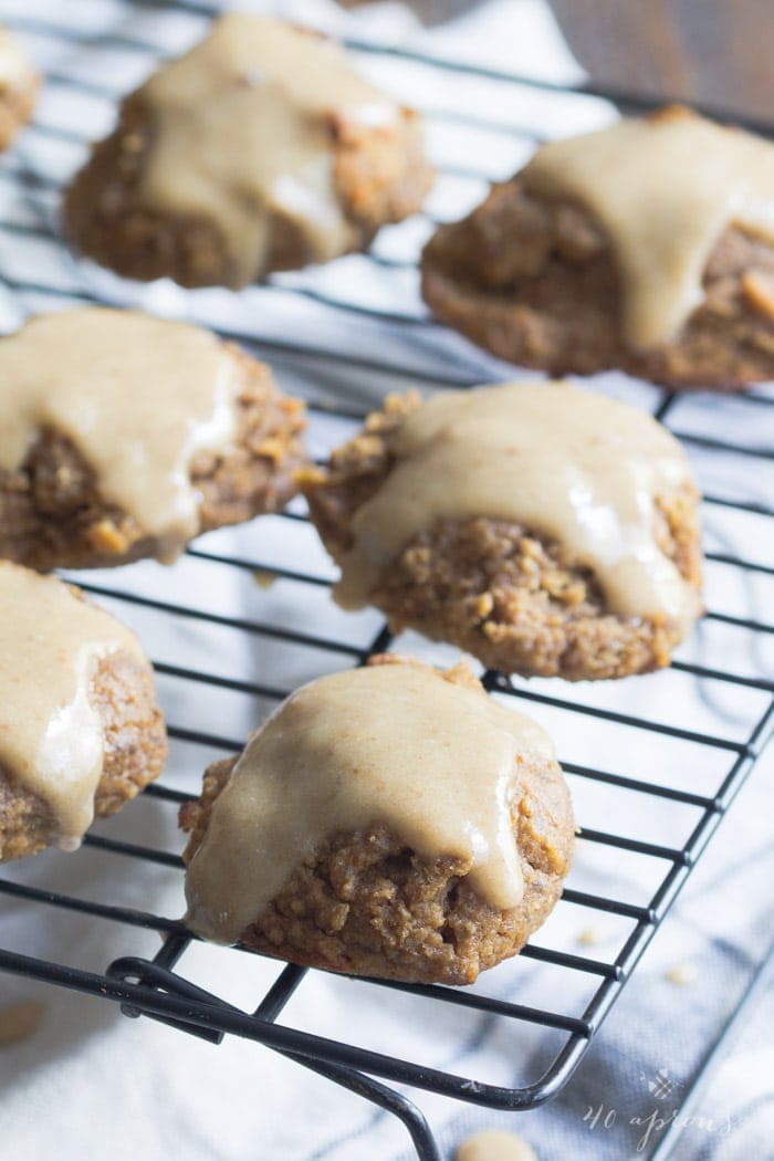 Pumpkin cookies with a maple glaze. These are so insanely healthy but so rich and indulgent! Vegan, gluten free, refined sugar free. They're basically rehab for your seasonal indulgences..