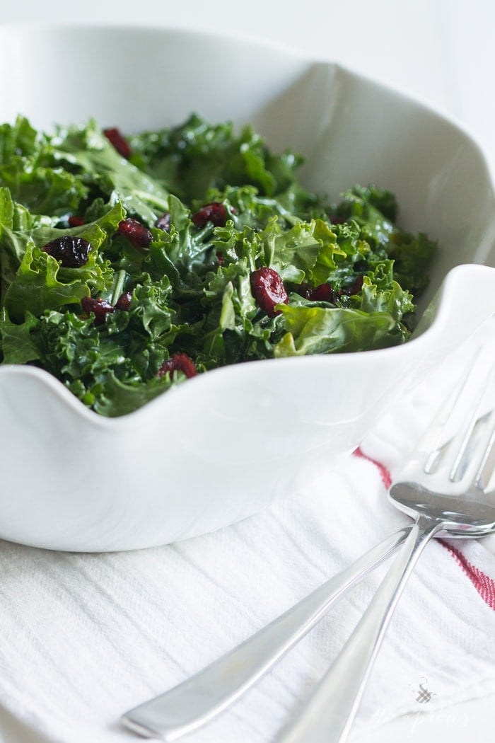 A bright and light raw kale salad tossed in a lemony honey vinaigrette and dotted with sweet, tart dried cranberries. The perfect side dish for a heavy holiday feast!