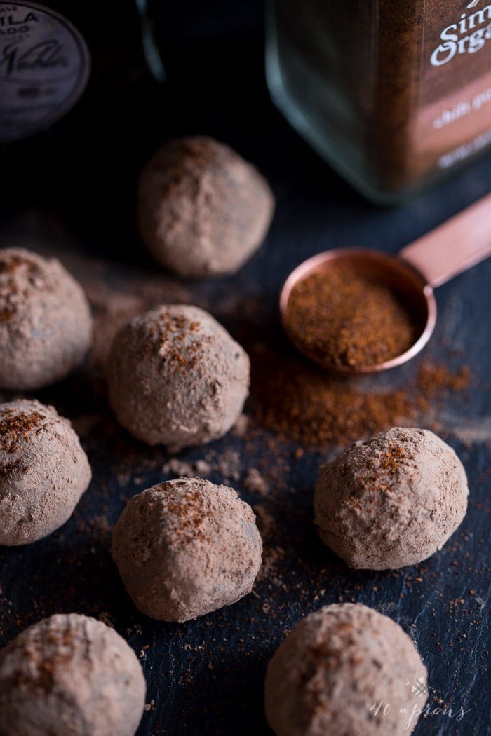 Mexican chili-tequila truffles: Creamy dark chocolate truffles with spicy chili powder, heady tequila, and warm cinnamon make for an elegant, yet feisty candy