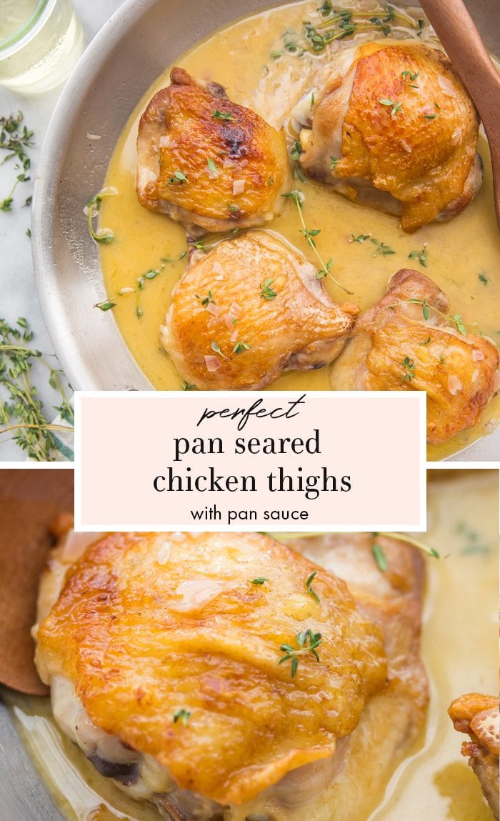 Perfect pan seared chicken thighs with pan sauce in a skillet with a wooden spoon