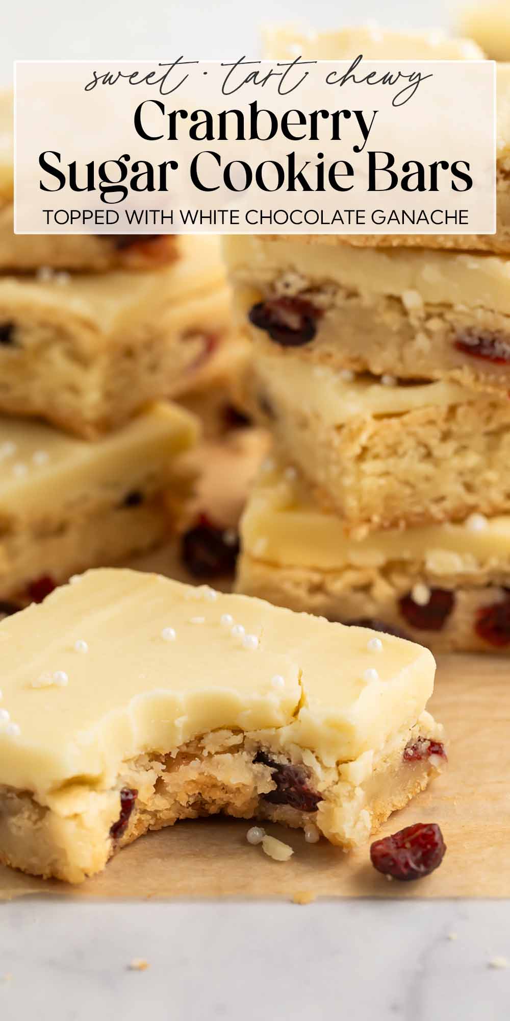 Pin graphic for cranberry white chocolate cookie bars.