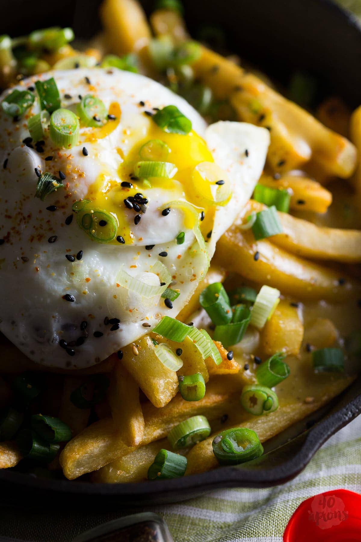 Japanese curry fries. Definition of epic. Rich, spiced Japanese curry sauce smothers crispy fries, topped with an egg over easy. Mama. // 40 Aprons