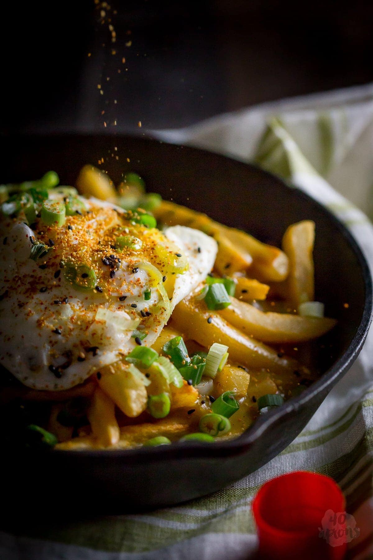 Japanese curry fries. Definition of epic. Rich, spiced Japanese curry sauce smothers crispy fries, topped with an egg over easy. Mama. // 40 Aprons