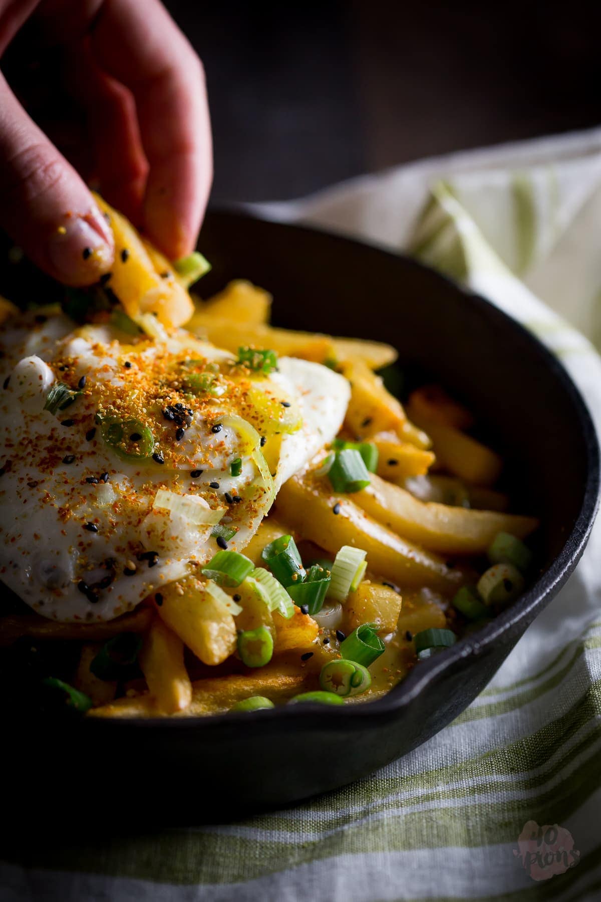 Japanese curry fries. Definition of epic. Rich, spiced Japanese curry sauce smothers crispy fries, topped with an egg over easy. Mama. // 40 Aprons