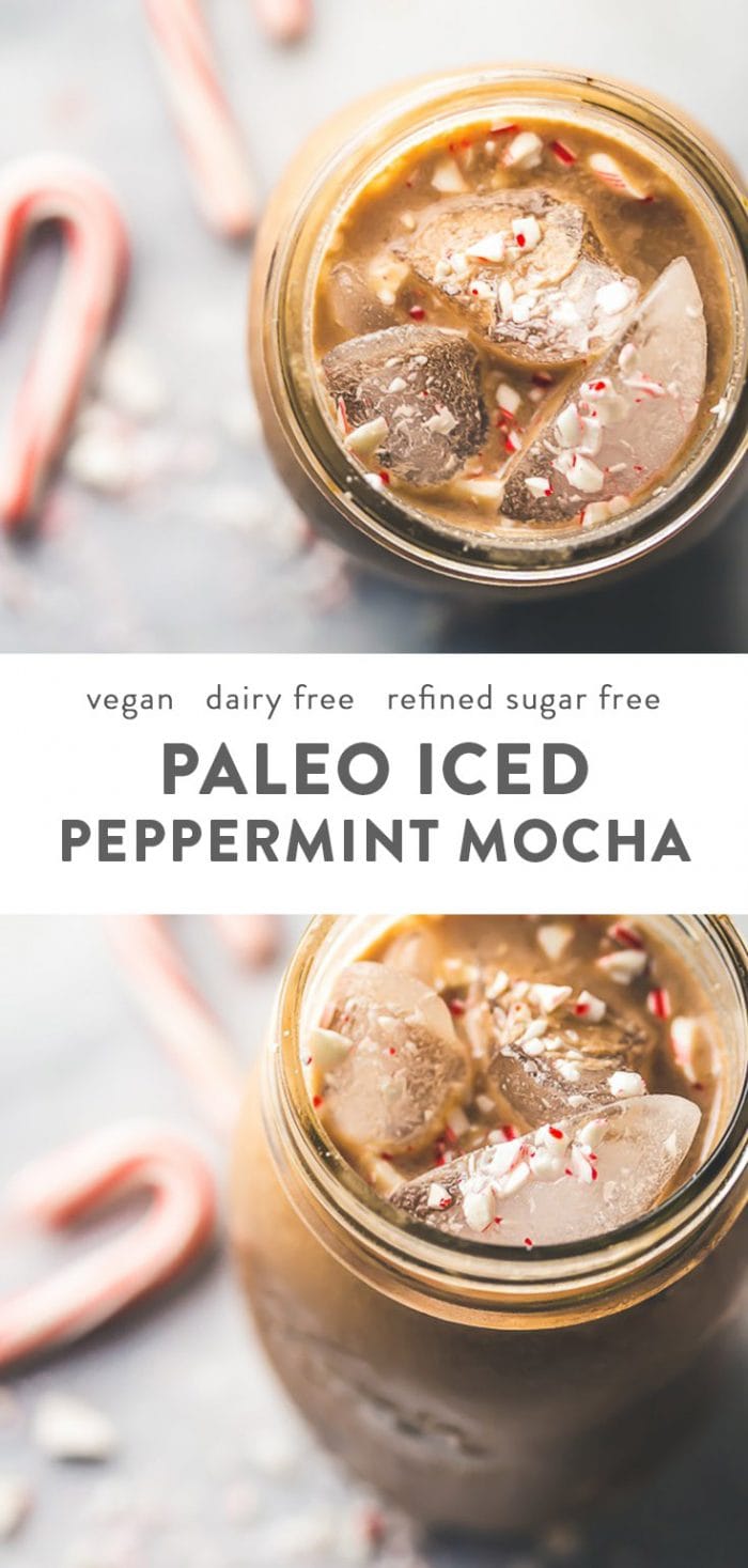 Paleo iced peppermint mocha in a glass jar with candy canes.