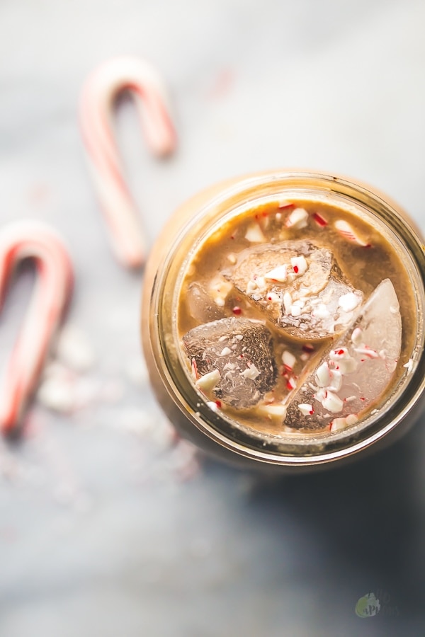 This paleo iced peppermint mocha uses cocoa powder and cold brew concentrate for the perfect vegan, clean eating holiday coffee drink. Also a vegan iced peppermint mocha or clean eating iced peppermint mocha!