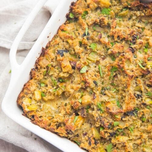 Paleo stuffing recipe in a white baking dish