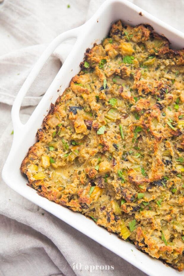 Paleo stuffing recipe in a white baking dish