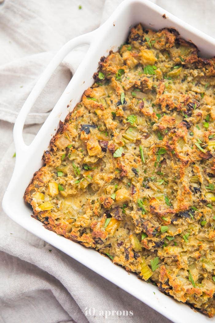 Healthy paleo stuffing recipe in a white baking dish