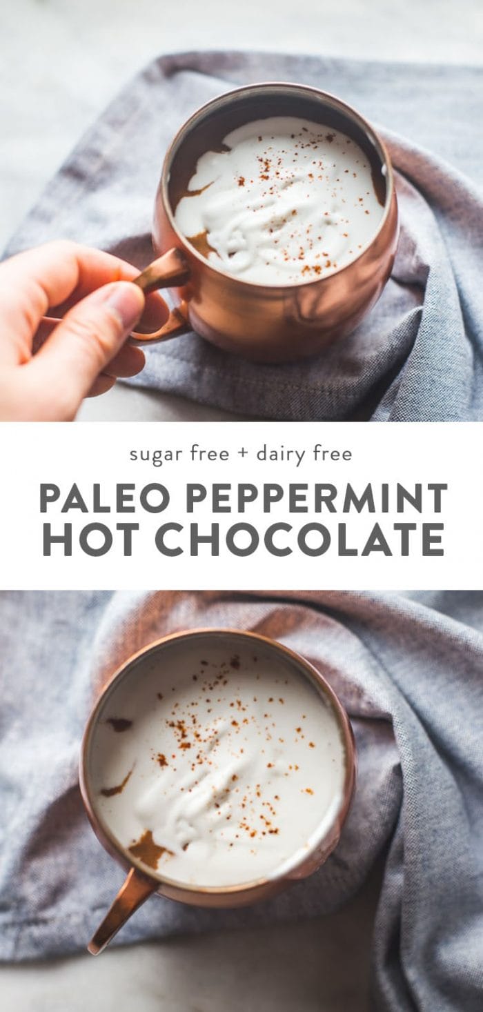 Paleo and vegan peppermint hot chocolate in a copper mug with coconut whipped cream.