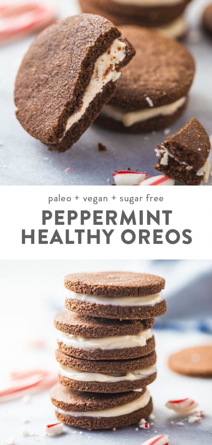 A stack of healthy and gluten free paleo peppermint oreo cookies.
