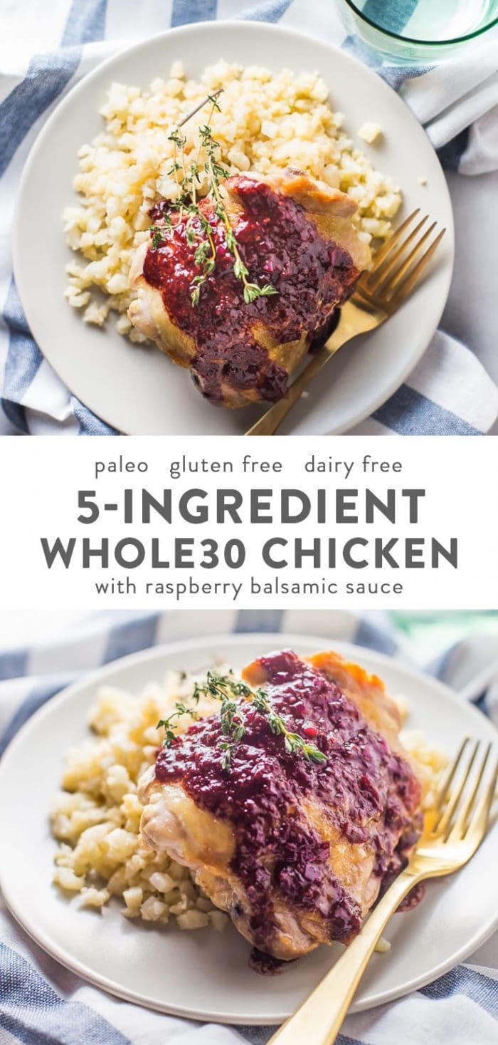 Paleo and gluten free chicken thighs with raspberry balsamic sauce on a white plate.