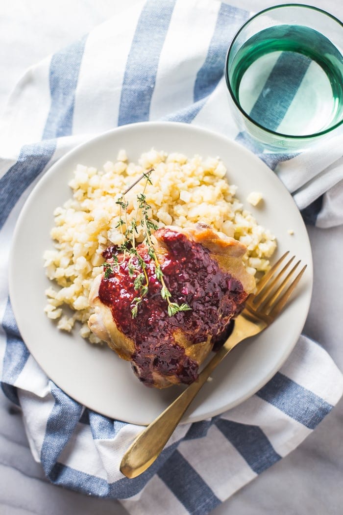 5-Ingredient Whole30 Chicken Thighs with Raspberry-Balsamic Sauce. These paleo chicken thighs are perfectly crisp with an elegant and super flavorful raspberry-balsamic sauce.