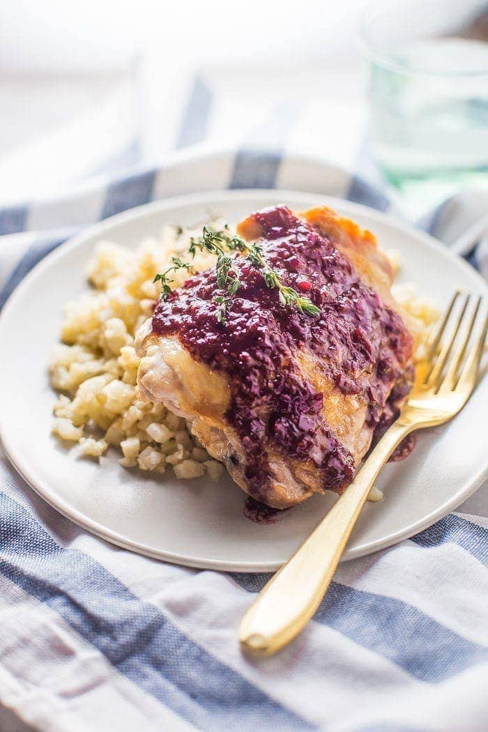 5-Ingredient Whole30 Chicken Thighs with Raspberry-Balsamic Sauce. These paleo chicken thighs are perfectly crisp with an elegant and super flavorful raspberry-balsamic sauce.