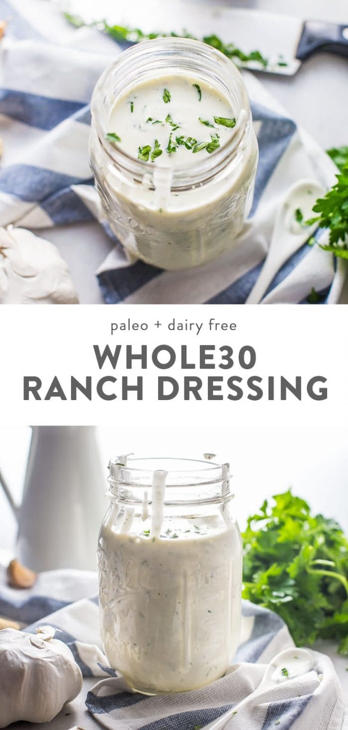 A jar of healthy whole30 ranch dressing made with paleo garlic mayonnaise.