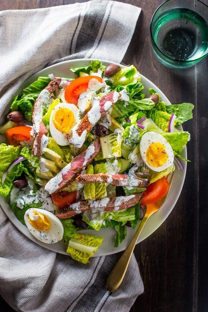 Whole30 Steak Salad Steakhouse Style. This Whole30 salad is stacked with protein and flavor, and you'll keep this in your paleo salad rotation!