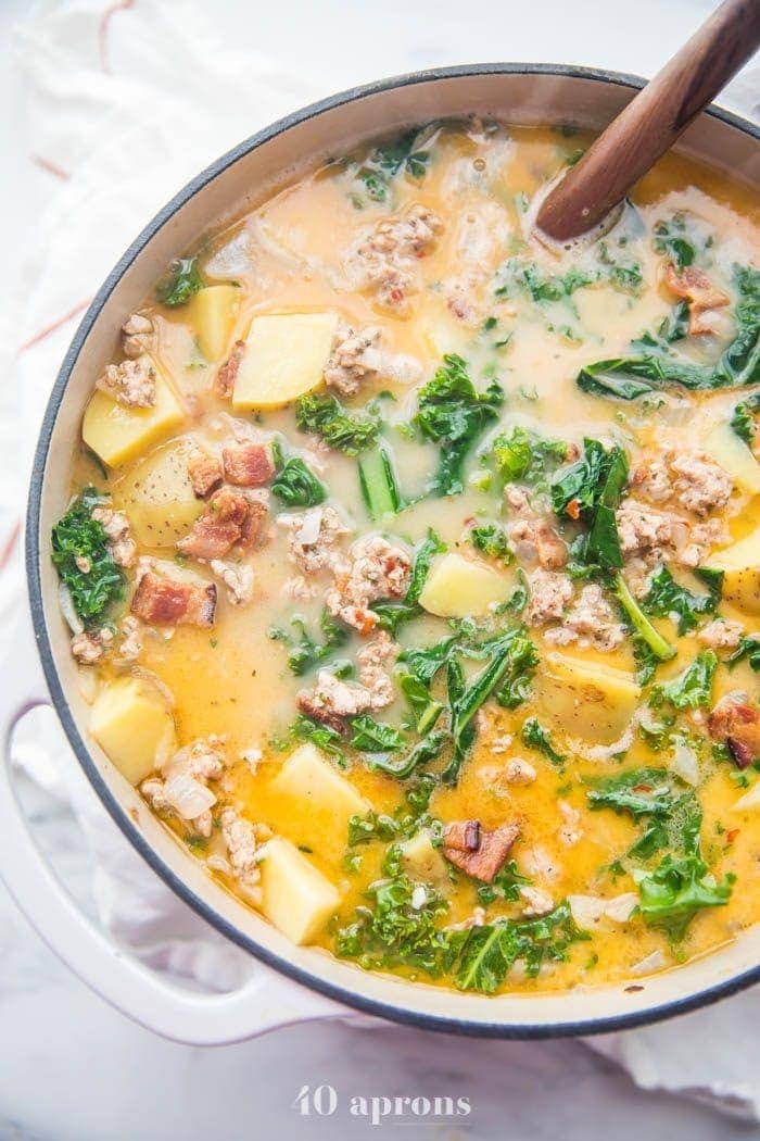 A large pot of Whole30 healthy zuppa toscana recipe