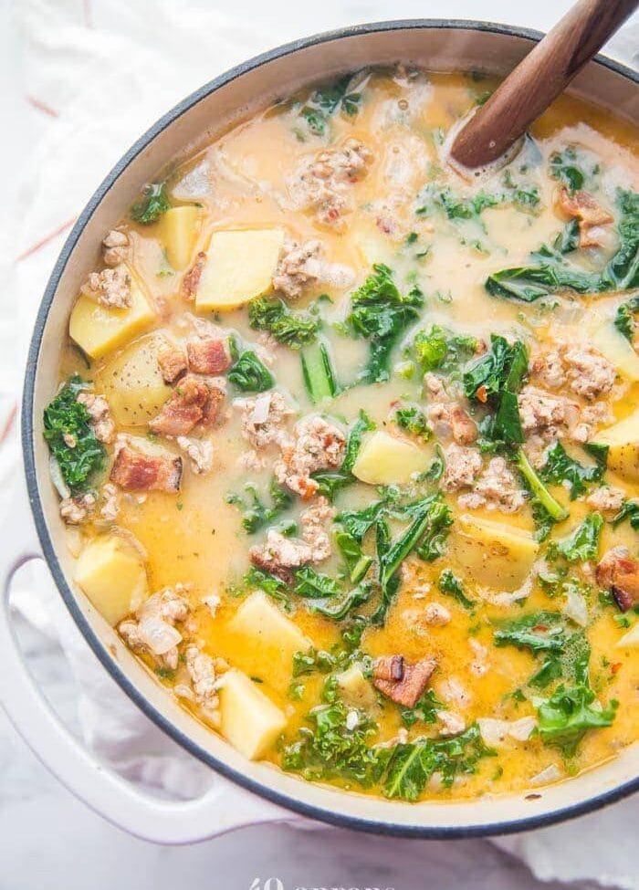 A large pot of Whole30 healthy zuppa toscana recipe