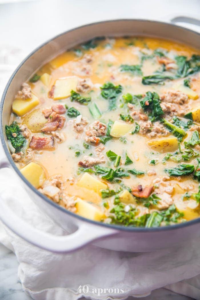 A large pot of Whole30 healthy zuppa toscana recipe