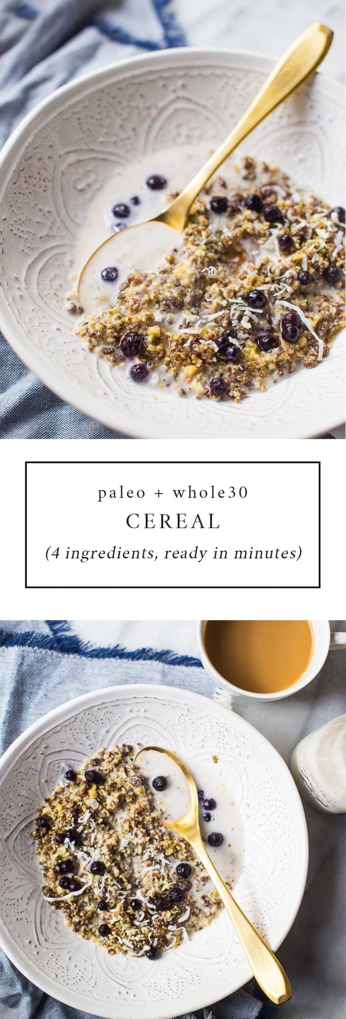 This paleo cereal recipe is quick, easy, and versatile and will transform your mornings. Perfectly crunchy and ready in 2 minutes, you'll love having a batch of this paleo cereal in your pantry at all times! This recipe can be eaten as a Whole30 cereal, too, by simply omitting maple syrup during serving.