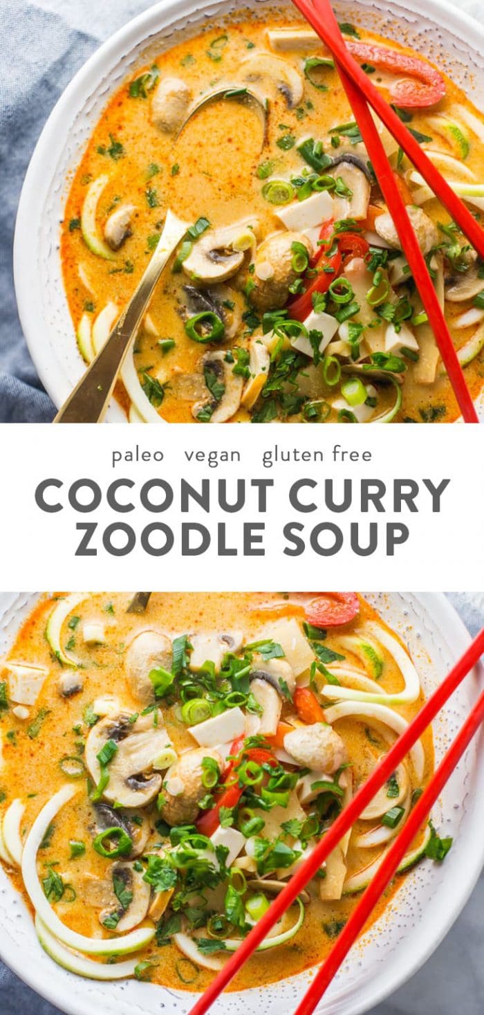 Bowls of paleo coconut curry zoodle soup, a dairy free and gluten free soup recipe.