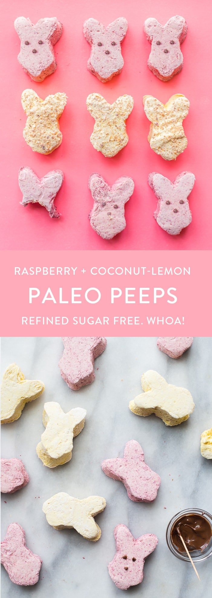 These paleo peeps are the perfect paleo Easter candy. Made from homemade raspberry paleo marshmallows and toasted coconut lemon paleo marshmallows, you'll be shocked at how similar they are to the traditional treat, but made only with healthy ingredients. A paleo Easter staple! Or cut them into cubes for an anytime paleo dessert.