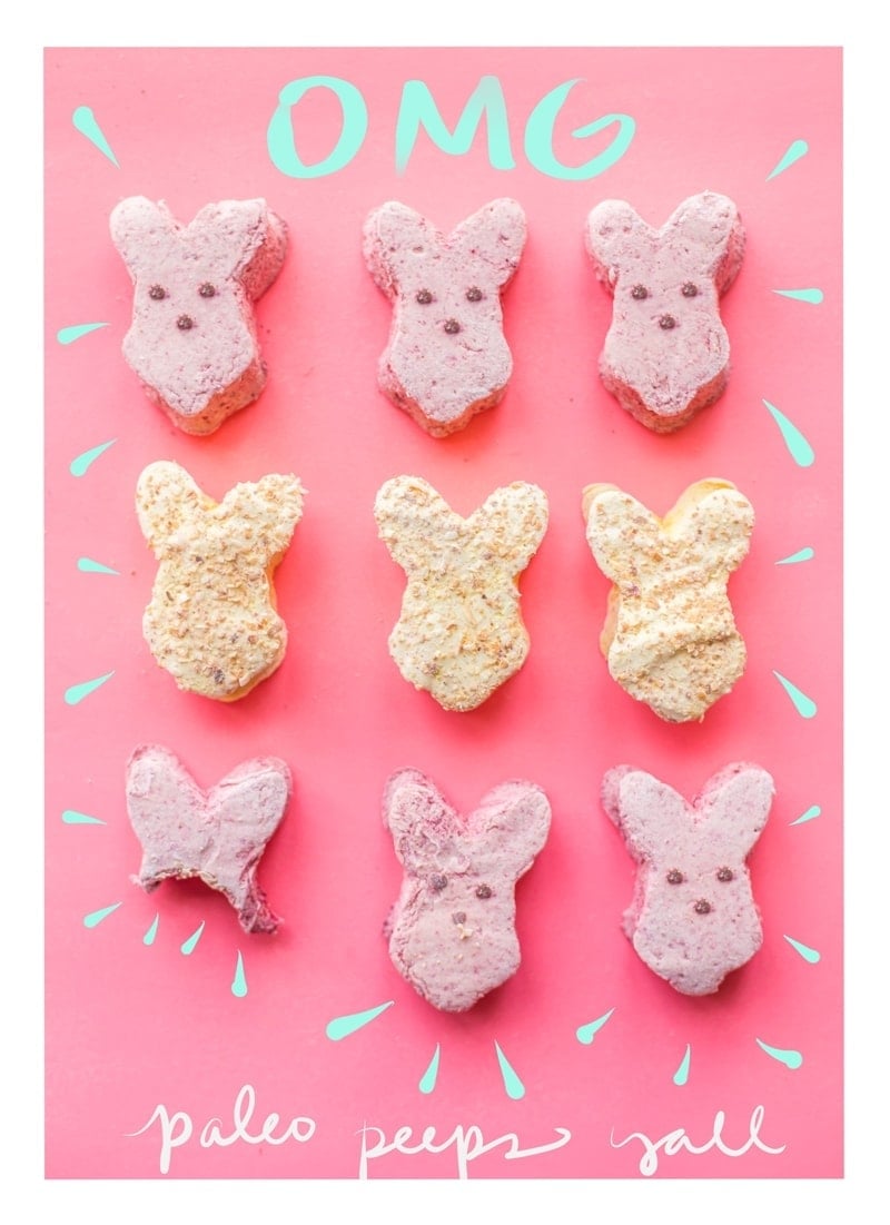 These paleo peeps are the perfect paleo Easter candy. Made from homemade raspberry paleo marshmallows and toasted coconut lemon paleo marshmallows, you'll be shocked at how similar they are to the traditional treat, but made only with healthy ingredients. A paleo Easter staple! Or cut them into cubes for an anytime paleo dessert.