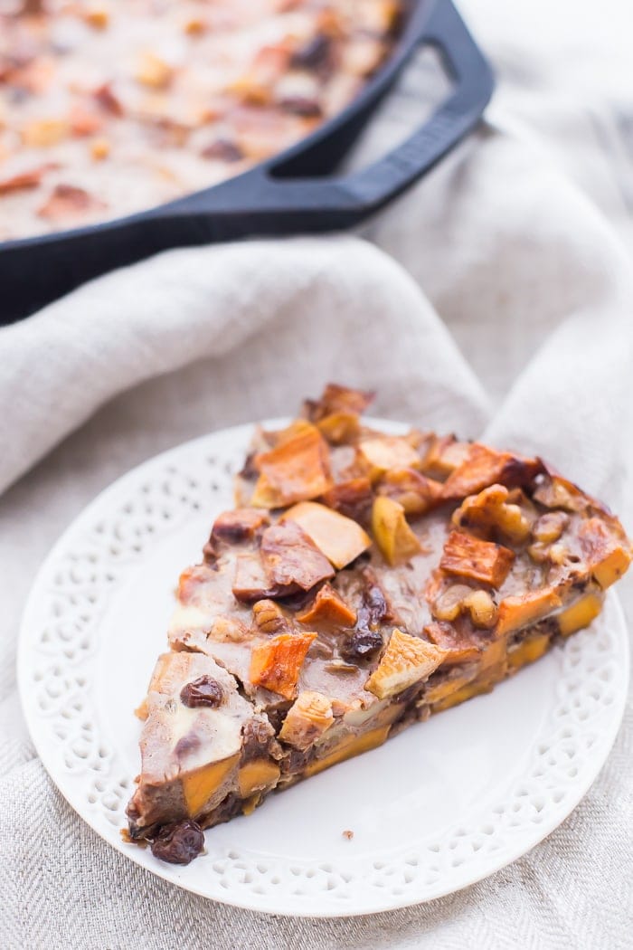 This Whole30 sweet potato apple breakfast bake is naturally sweet, teeming with warming cinnamon, packed with protein, healthy fats, and fiber. The dish reminds me of a New Orleans-style bread pudding with its cinnamon and raisins, but it's totally Whole30 compliant! A wonderful Whole30 breakfast, Whole30 sweet potato recipe, or paleo breakfast when you're simply tired of eggs and bacon.