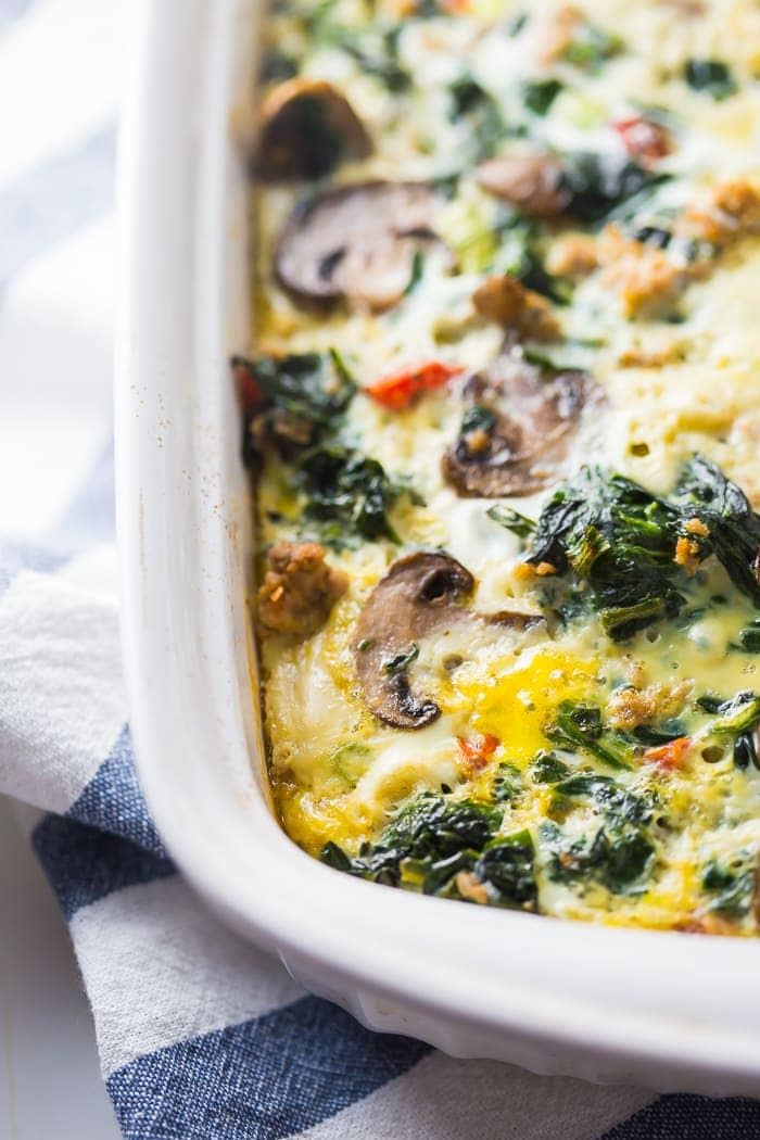 Whole30 breakfast bake with eggs, sausage, spinach, and mushrooms