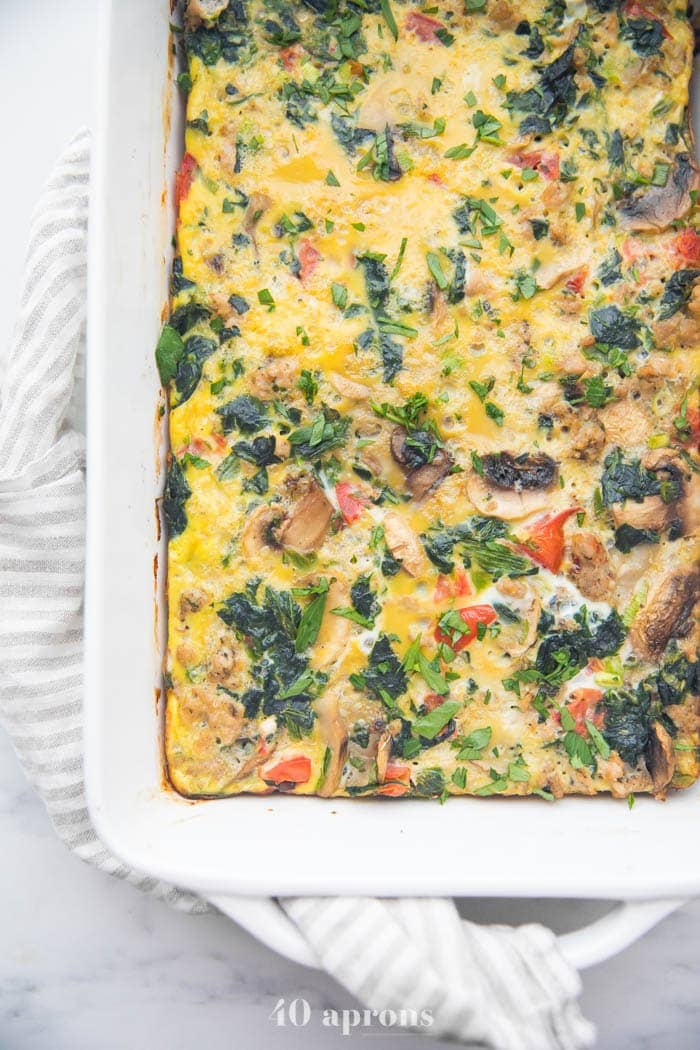 Breakfast Casserole with Sausage, Eggs, Spinach, and Mushrooms