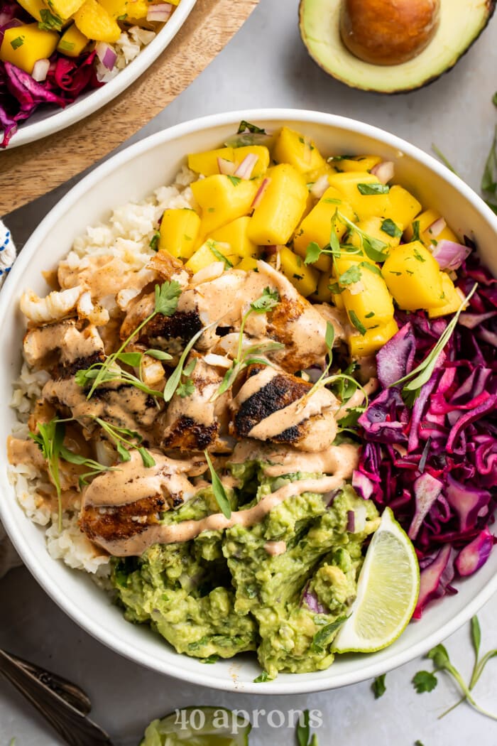 Overhead view of Whole30 fish taco bowl.