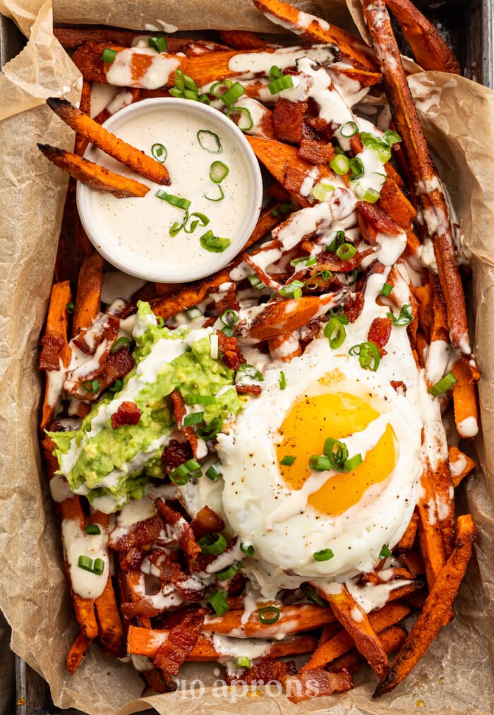 Close-up overhead view of Whole30 Loaded Sweet Potato Fries