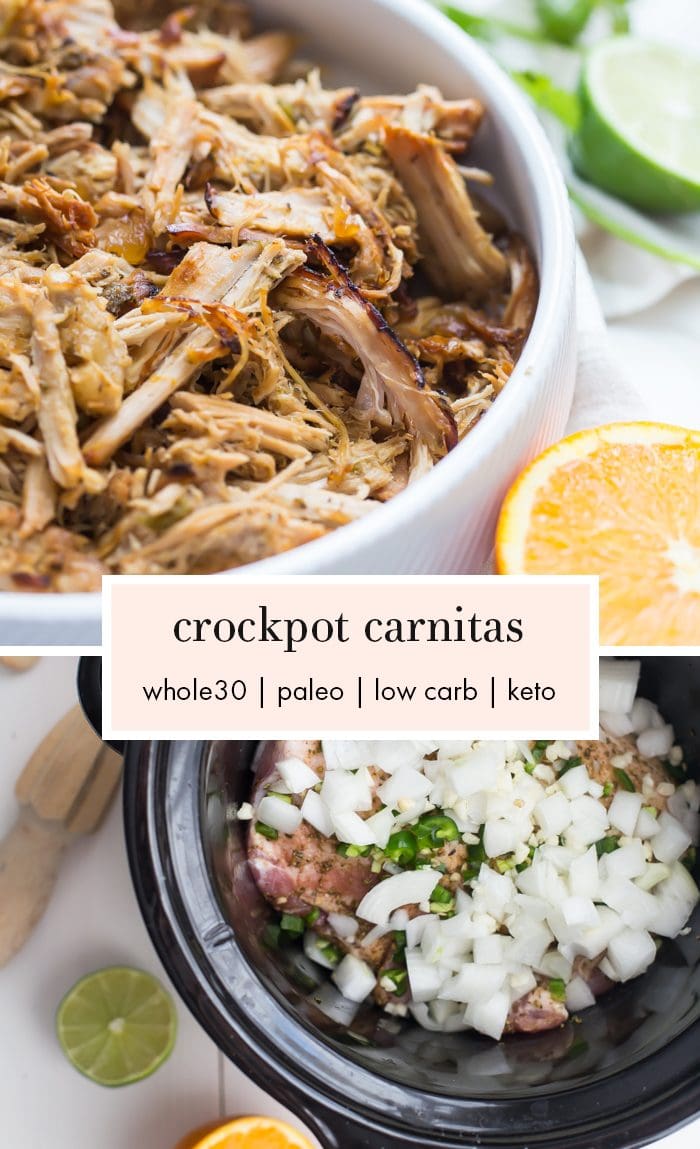 Whole30 Crockpot carnitas in a bowl and in the Crockpot