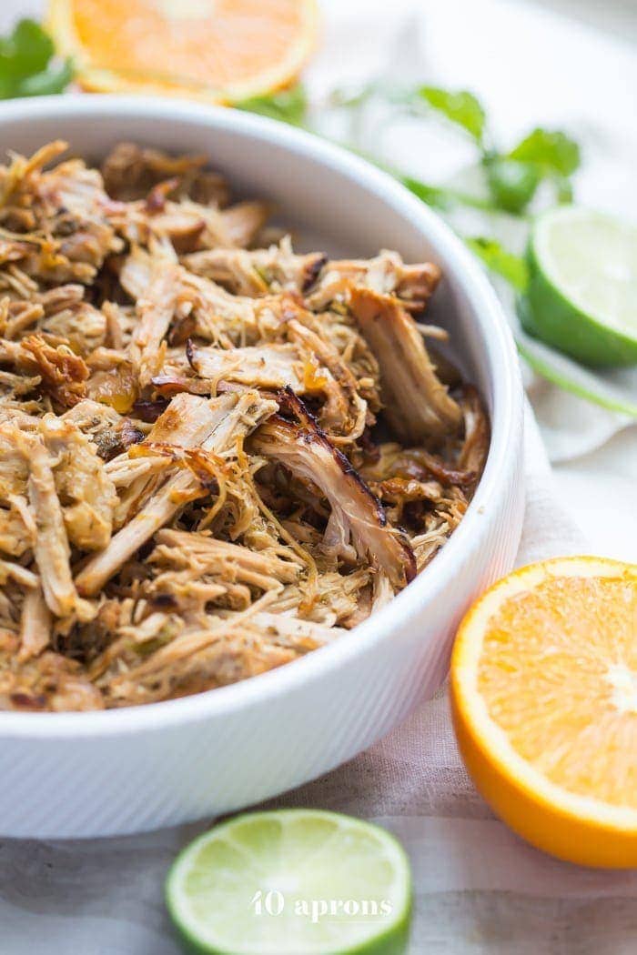 Paleo carnitas made from pork tenderloin in the Crockpot. These paleo carnitas are made with pork tenderloin in the Crockpot for a super easy Whole30 dinner. Pork tenderloin makes these paleo carnitas super budget-friendly, and they're full of flavor, making them perfect for a Chipotle copycat Whole30 carnitas bowl like you'd get at Chipotle!