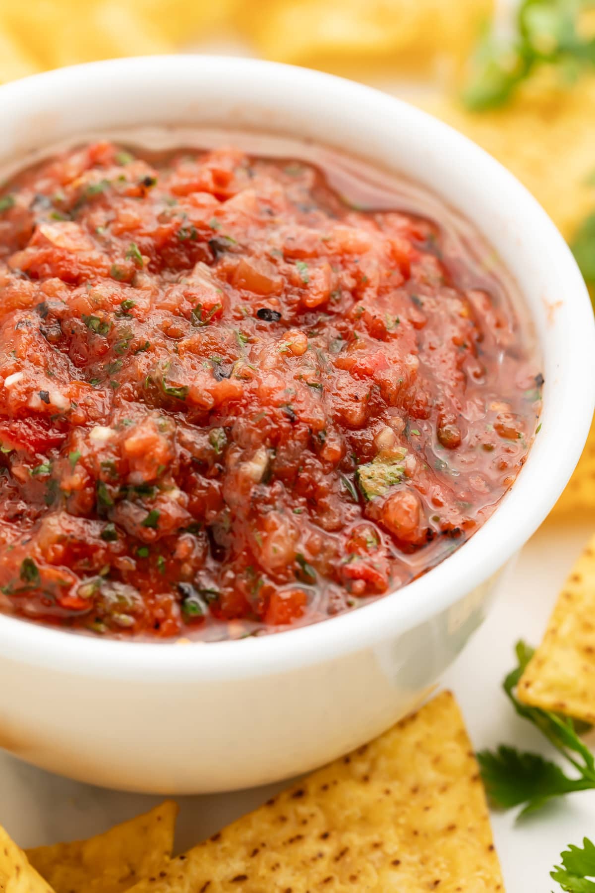 A white bowl holding deep red. smooth and slightly chunky salsa surrounded by tortilla chips.