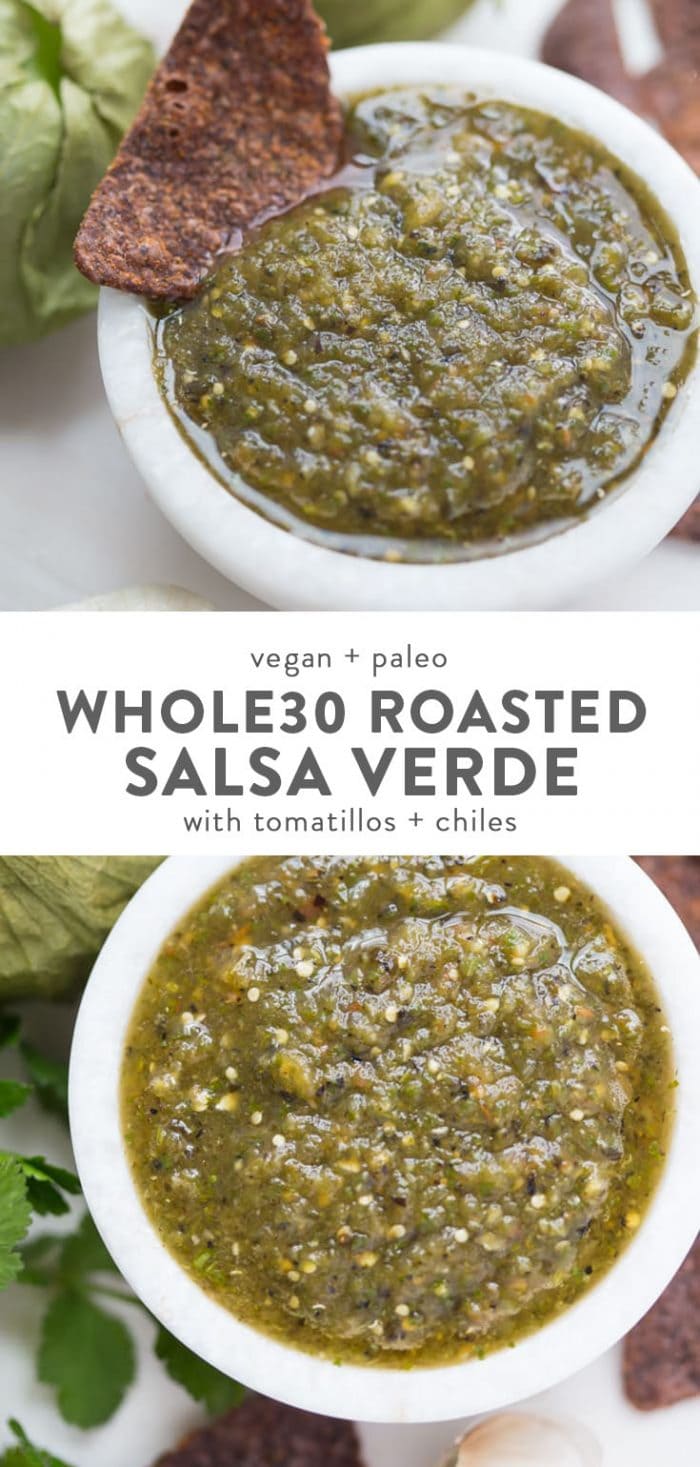 Whole30 and vegan roasted salsa verde in a small white marble bowl.