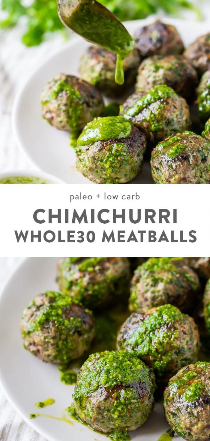 Whole30 meatballs tossed with healthy chimichurri sauce.