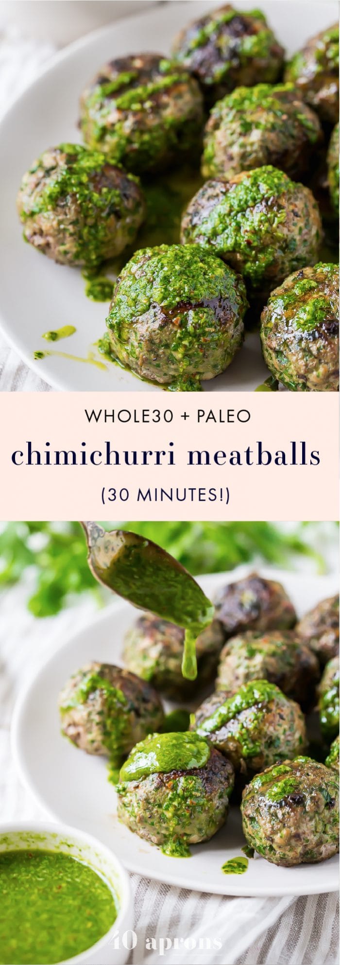 These chimichurri Whole30 meatballs are packed full of flavor and come together easily with the help of a food processor. Ideal for those on a spring or summer Whole30, they're garlicky and tender, thanks to the Swiss chard. A great Whole30 dinner and Whole30 meatballs recipe