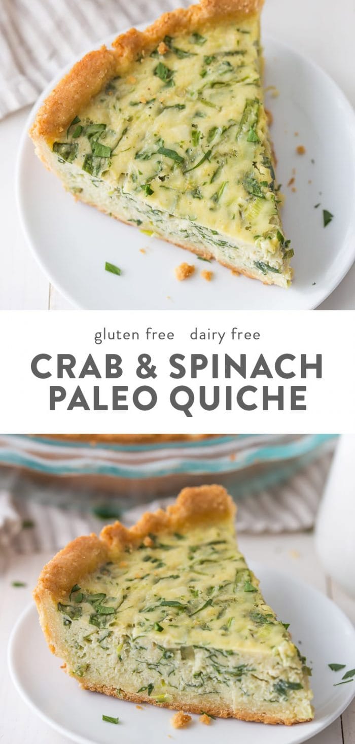A slice of paleo quiche with crab and spinach on a white plate.