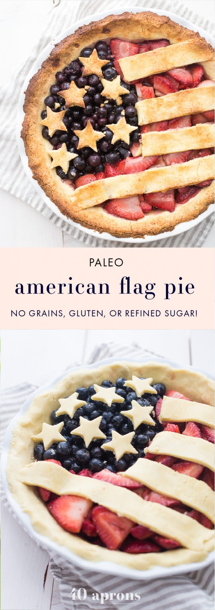 This paleo American flag pie is the absolute perfect paleo 4th of July dessert. Full of fresh strawberries and blueberries with a crunchy crust, it's a stellar paleo pie that's just stunning. Is there a better paleo pie for the ultimate paleo 4th of July dessert table? I think not! Also a great Memorial Day dessert or Labor Day dessert.