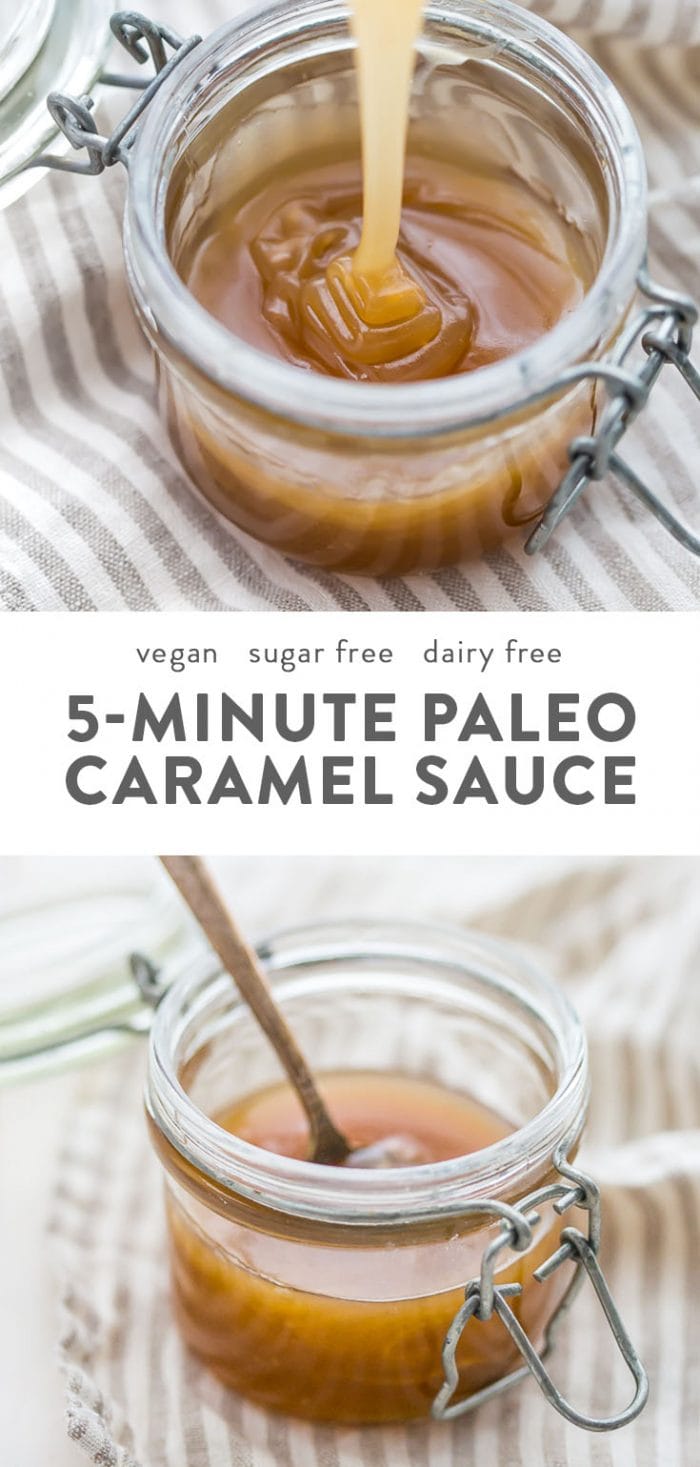 Vegan and paleo caramel sauce in a glass jar with a grey and white striped napkin.